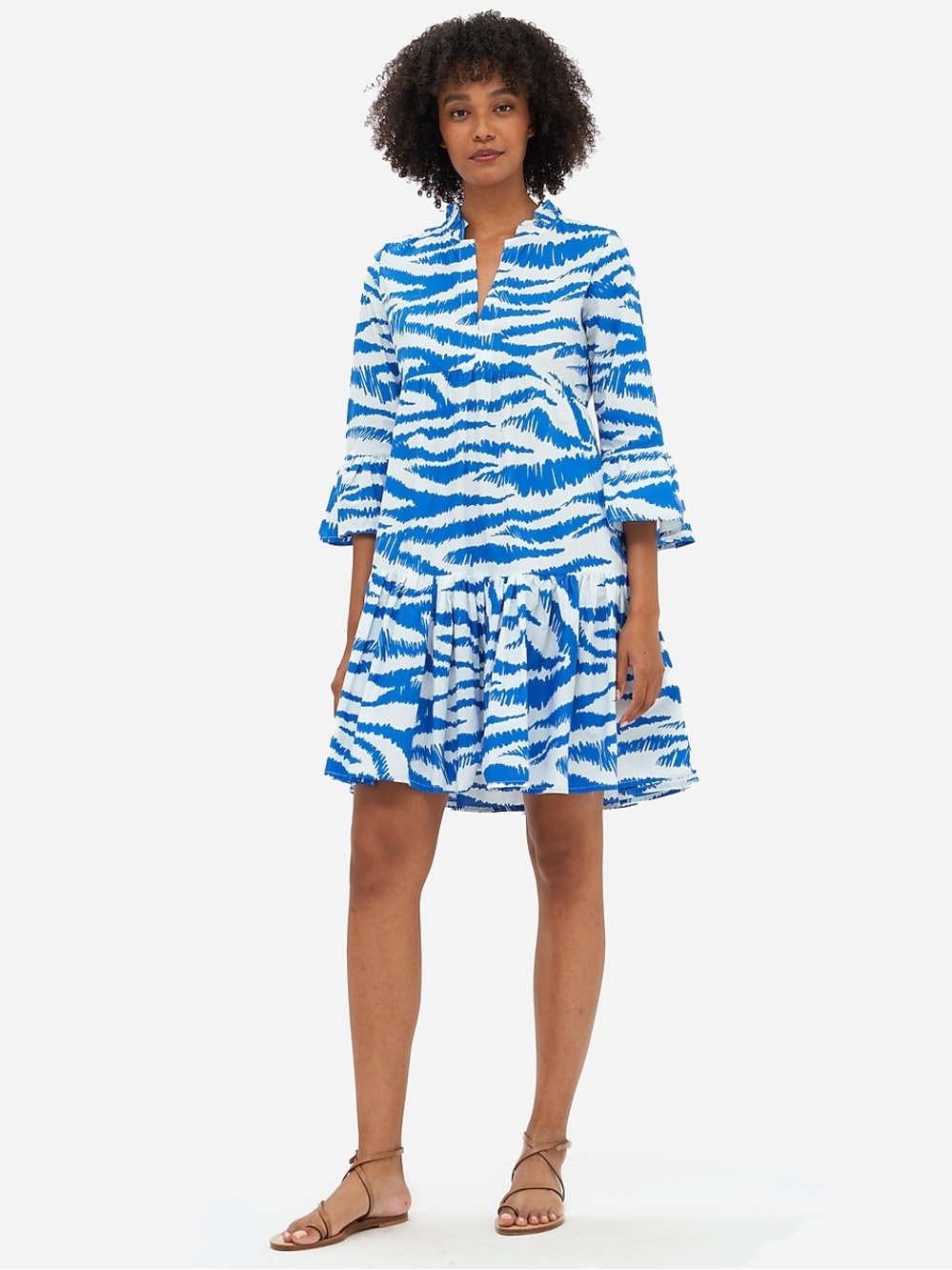 Oliphant Bell Sleeved Tiered Hem Blue & White Abstract Zebra Striped Dress